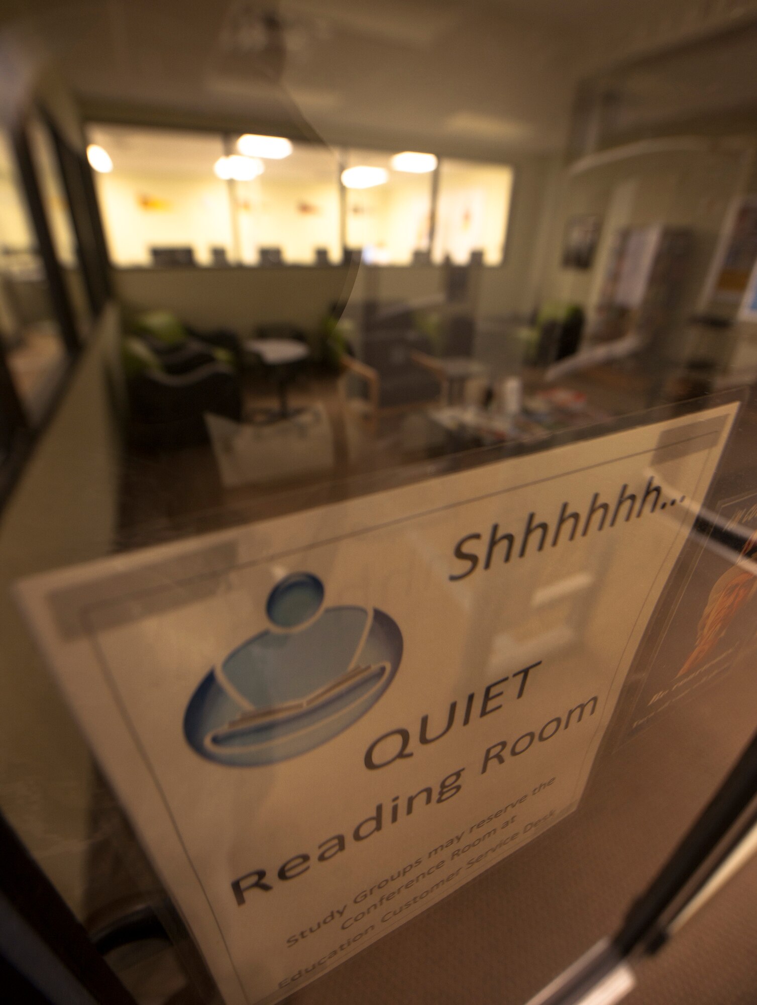 A sign reads “Shhhhhh…QUIET Reading Room” at the base library at Moody Air Force Base, Ga., Oct. 5, 2011. The quiet room is used for Airmen and military family members to study, read or complete homework. (U.S. Air Force photo by Airman 1st Class Joshua Green/Released)                    
    
