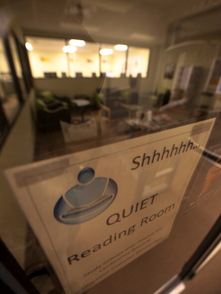 A sign reads “Shhhhhh…QUIET Reading Room” at the base library at Moody Air Force Base, Ga., Oct. 5, 2011. The quiet room is used for Airmen and military family members to study, read or complete homework. (U.S. Air Force photo by Airman 1st Class Joshua Green/Released)                    
    

