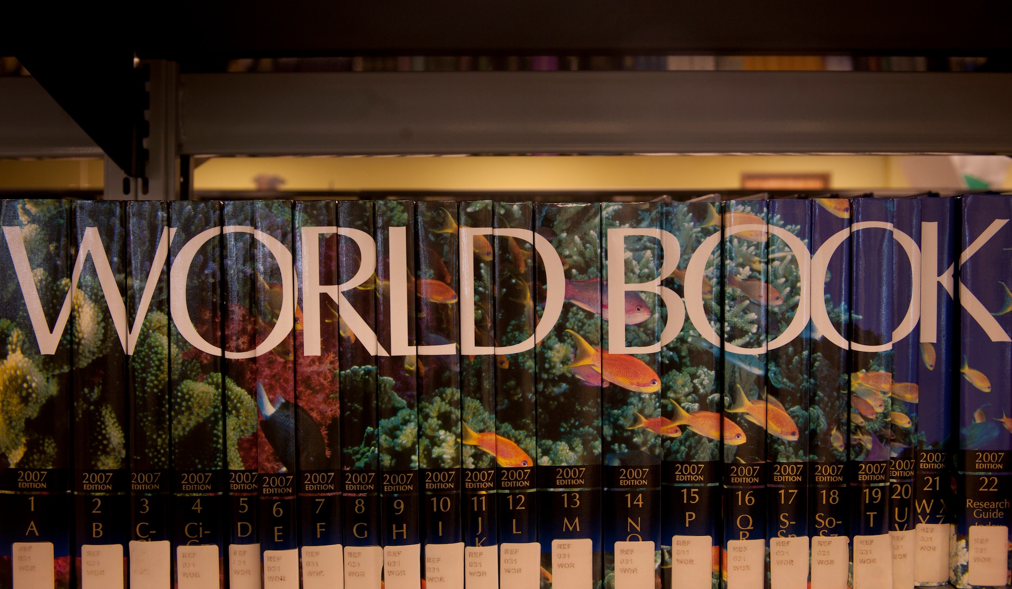Numerous books on a shelf come together to spell “world book” in the base library at Moody Air Force Base, Ga., Oct. 5, 2011. The base library has more than 35,000 books and resources for Moody Airmen to utilize. (U.S. Air Force photo by Airman 1st Class Joshua Green/Released)               
