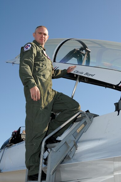 Corporal Chris Boyd, an officer with the Fort Smith Police Department, received an orientation ride in an F-16D Falcon Sept. 30 with the U.S. Air Force Thunderbirds Air Demonstration Squadron via its Hometown Hero program. (U.S. Air Force photo by Senior Master Sgt. Dennis Brambl)