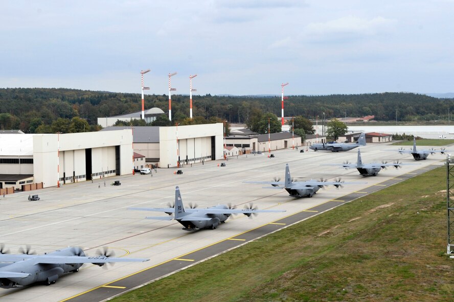 Ten C-130J Super Hercules return home after supporting Exercise Bayonet Resolve, Ramstein Air Base, Germany, Oct. 5, 2011. This joint exercise with U.S. Army members highlights Ramstein's training, war readiness, and combat delivery capabilities. (U.S. Air Force photo by Staff Sgt. Tyrona Lawson)