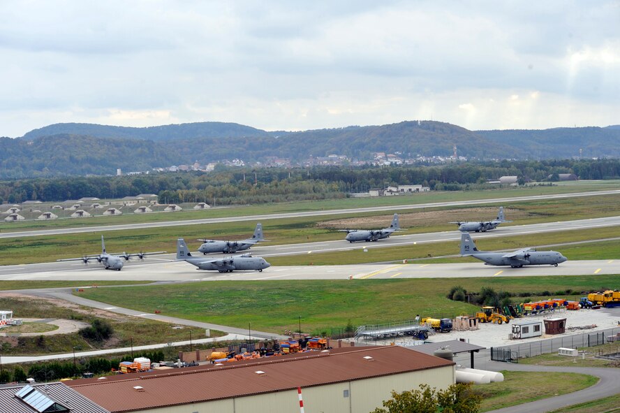 Ten C-130J Super Hercules return home after supporting Exercise Bayonet Resolve, Ramstein Air Base, Germany, Oct. 5, 2011. This joint exercise with U.S. Army members highlights Ramstein's training, war readiness, and combat delivery capabilities. (U.S. Air Force photo by Staff Sgt. Tyrona Lawson)