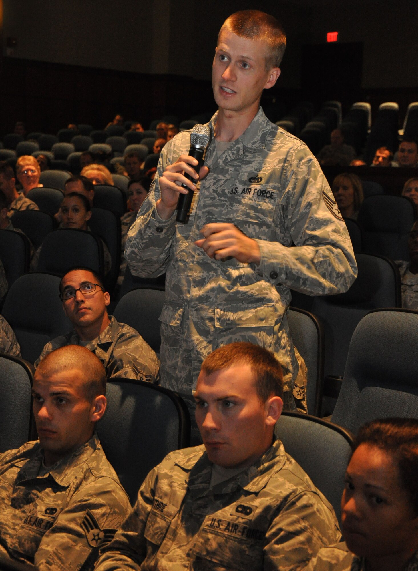 Staff Sgt. Stephen Harper participates in the Q&A session during the “Town Hall Meeting” with Lt. Gen. Charles Stenner, AFRC commander, at Joint Base Charleston, S.C. Oct. 4, 2011. Sergeant Harper is an air transportation specialist with the 437th Aerial Port Squadron at Joint Base Charleston. (U.S. Air Force photo\Staff Sgt. Shane Ellis)