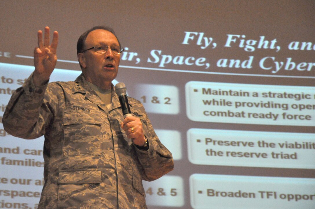 Lt. Gen. Charles Stenner, AFRC commander, talks about his five key points during his “Town Hall Meeting” Oct. 4, 2011 at Joint Base Charleston, S.C. (U.S. Air Force photo\Staff Sgt. Shane Ellis)