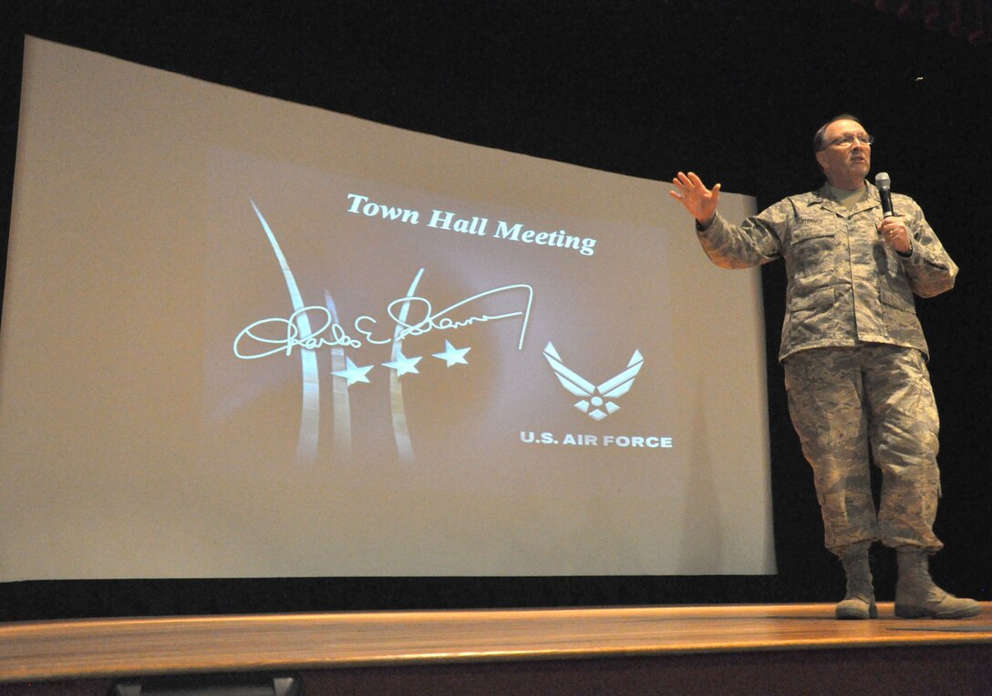 Lt. Gen. Charles Stenner, AFRC commander, begins his “Town Hall Meeting” Oct. 4, 2011 at Joint Base Charleston, S.C. (U.S. Air Force photo\Staff Sgt. Shane Ellis)