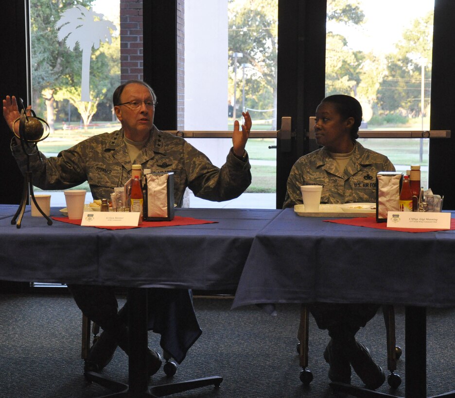 Lt. Gen. Charles Stenner, AFRC commander, shares a few moments of his time during breakfast with Chief Master Sgt. Gigi Manning, 315 AW command chief master sergeant, Oct. 4, 2011 at Joint Base Charleston, S.C. (U.S. Air Force photo\Staff Sgt. Shane Ellis)