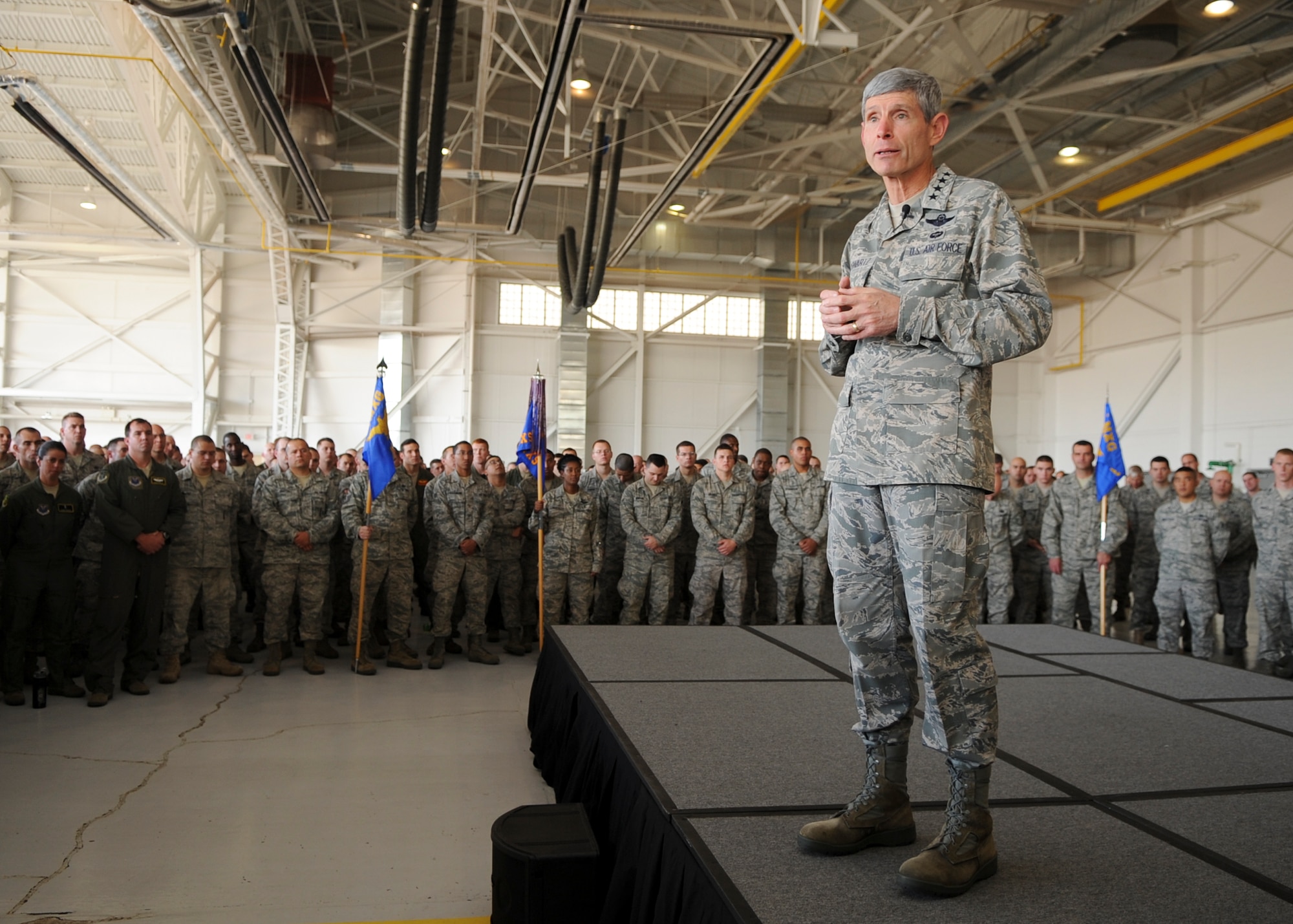 Air Force Chief of Staff Gen. Norton Schwartz speaks to Airmen Oct. 4, 2011, during an all-call at Minot Air Force Base, N.D. Schwartz expressed gratitude for their efforts in aiding the Minot, N.D., community, as well as each other, during the flooding this past summer.  (U.S. Air Force photo/Senior Airman Ashley N. Avecilla)