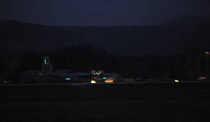 C-130J Super Hercules prepare to take off in support of Exercise Bayonet Resolve, Ramstein Air Base, Germany, Oct. 5, 2011. This joint exercise with U.S. Army members highlights Ramstein's training, war readiness, and combat delivery capabilities. (U.S. Air Force photo by Senior Airman Brittany Perry)