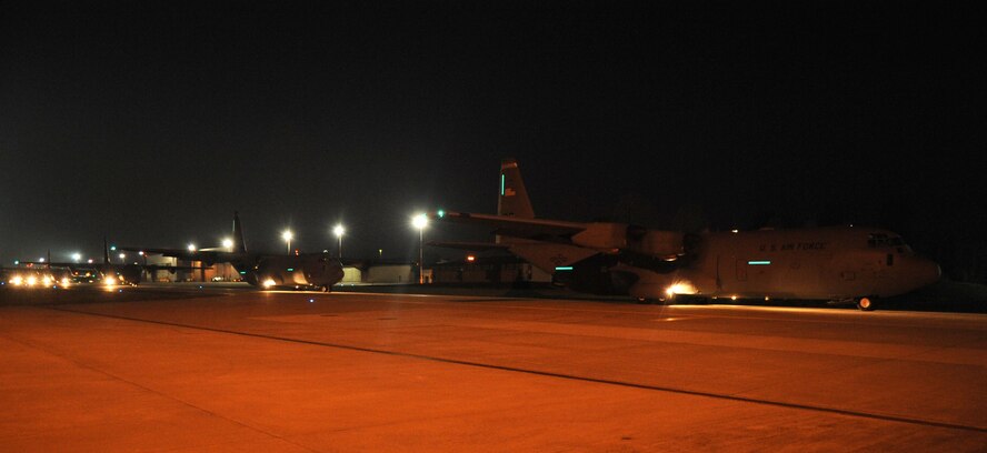 C-130J Super Hercules prepare to take off in support of Exercise Bayonet Resolve, Ramstein Air Base, Germany, Oct. 5, 2011. This joint exercise with U.S. Army members highlights Ramstein's training, war readiness, and combat delivery capabilities. (U.S. Air Force photo by Senior Airman Brittany Perry)