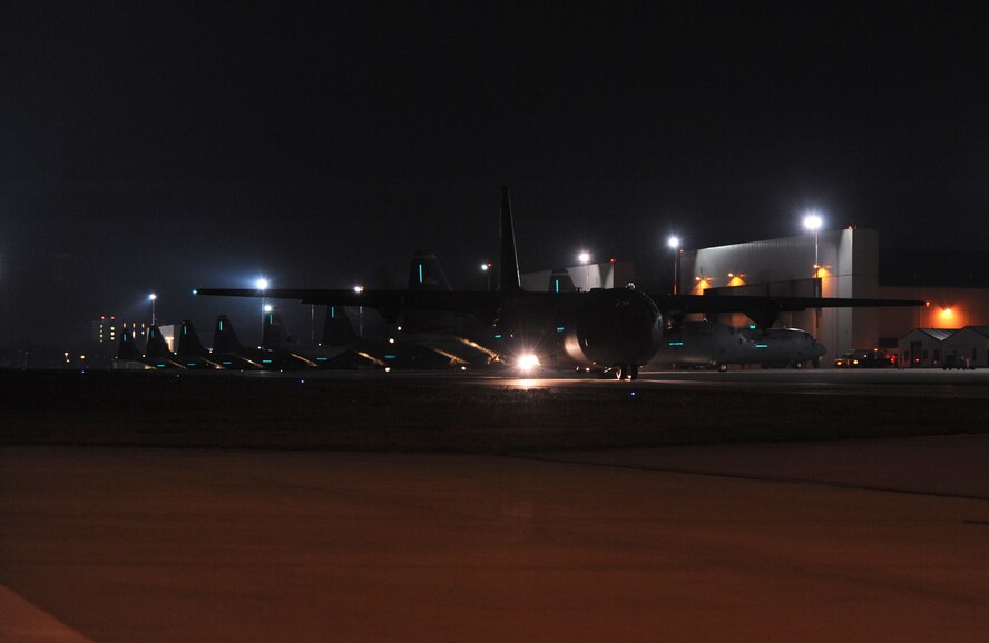 C-130J Super Hercules prepare to take off in support of Exercise Bayonet Resolve, Ramstein Air Base, Germany, Oct. 5, 2011. This joint exercise with U.S. Army members highlights Ramstein's training, war readiness, and combat delivery capabilities. (U.S. Air Force photo by Senior Airman Brittany Perry)