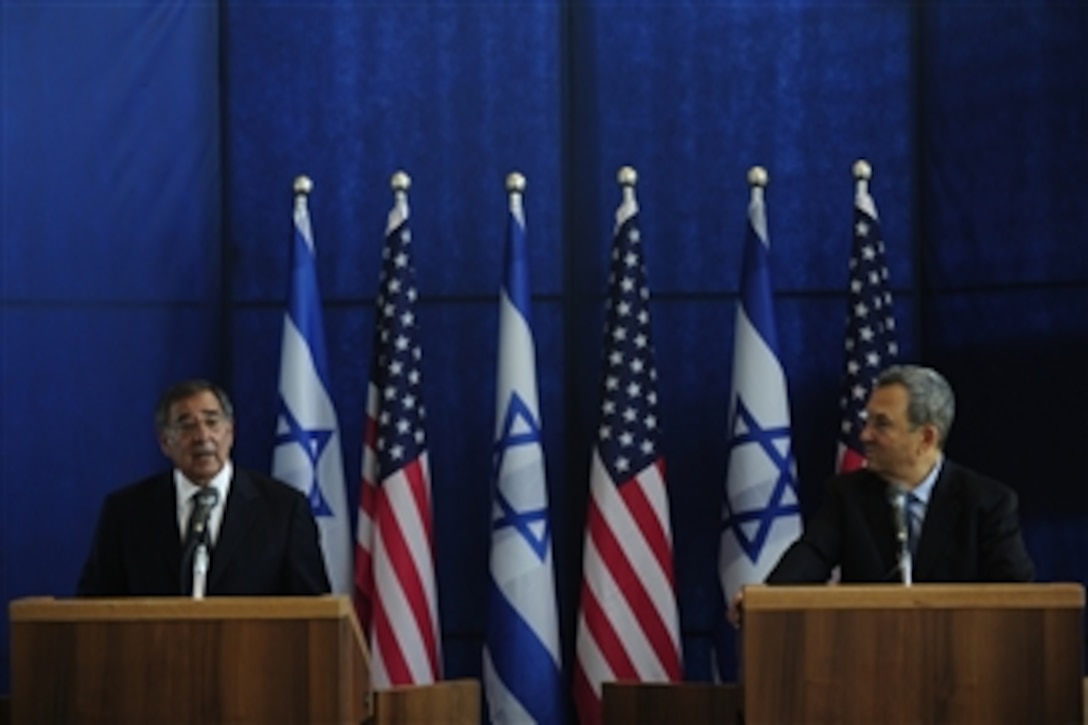 Secretary of Defense Leon Panetta, left, answers a reporter’s question during a joint press conference with Israeli Minister of Defense Ehud Barak after their meeting in Tel Aviv, Israel, on Oct. 3, 2011. Panetta is traveling in the Middle East to meet with key allies in the region to discuss a variety of defense related issues.  