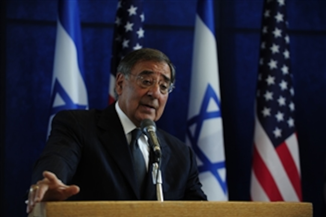 Secretary of Defense Leon Panetta answers a reporter’s question during a joint press conference with Israeli Minister of Defense Ehud Barak after their meeting in Tel Aviv, Israel, on Oct. 3, 2011. Panetta is traveling in the Middle East to meet with key allies in the region to discuss a variety of defense related issues.  