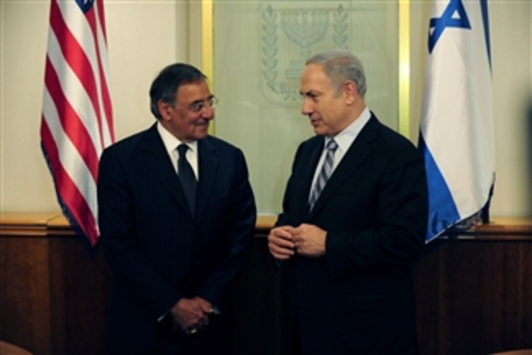 Secretary of Defense Leon Panetta, left, meets with Israeli Prime Minister Binyamin Netanyahu, Oct. 3, 2011. Panetta is traveling in the Middle East to meet with key allies in the region to discuss a variety of defense related issues.  