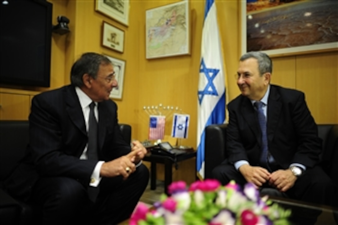 Secretary of Defense Leon Panetta, left, meets with Israeli Minister of Defense Ehud Barak in Tel Aviv, Israel, on Oct. 3, 2011. Panetta is traveling in the Middle East to meet with key allies in the region to discuss a variety of defense related issues.  