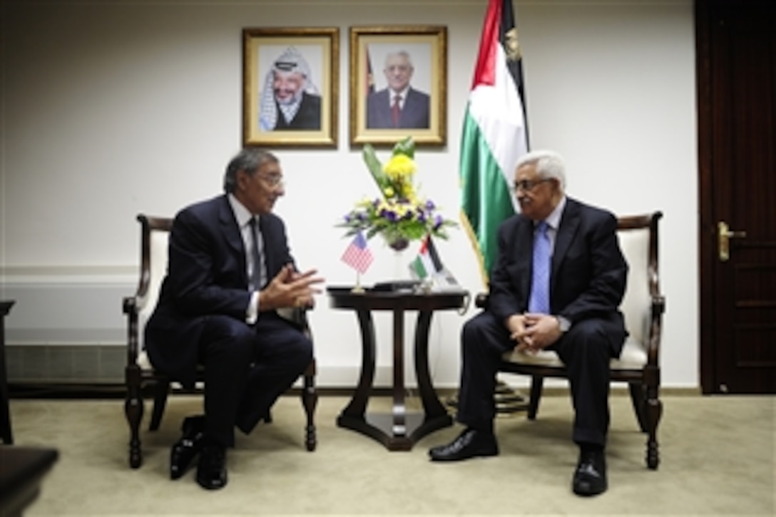 Secretary of Defense Leon Panetta, left, meets with Palestinian President Mahmoud Abbas in Ramallah in the West Bank, on Oct. 3, 2011.  Panetta is traveling in the Middle East to discuss a variety of defense related issues.  