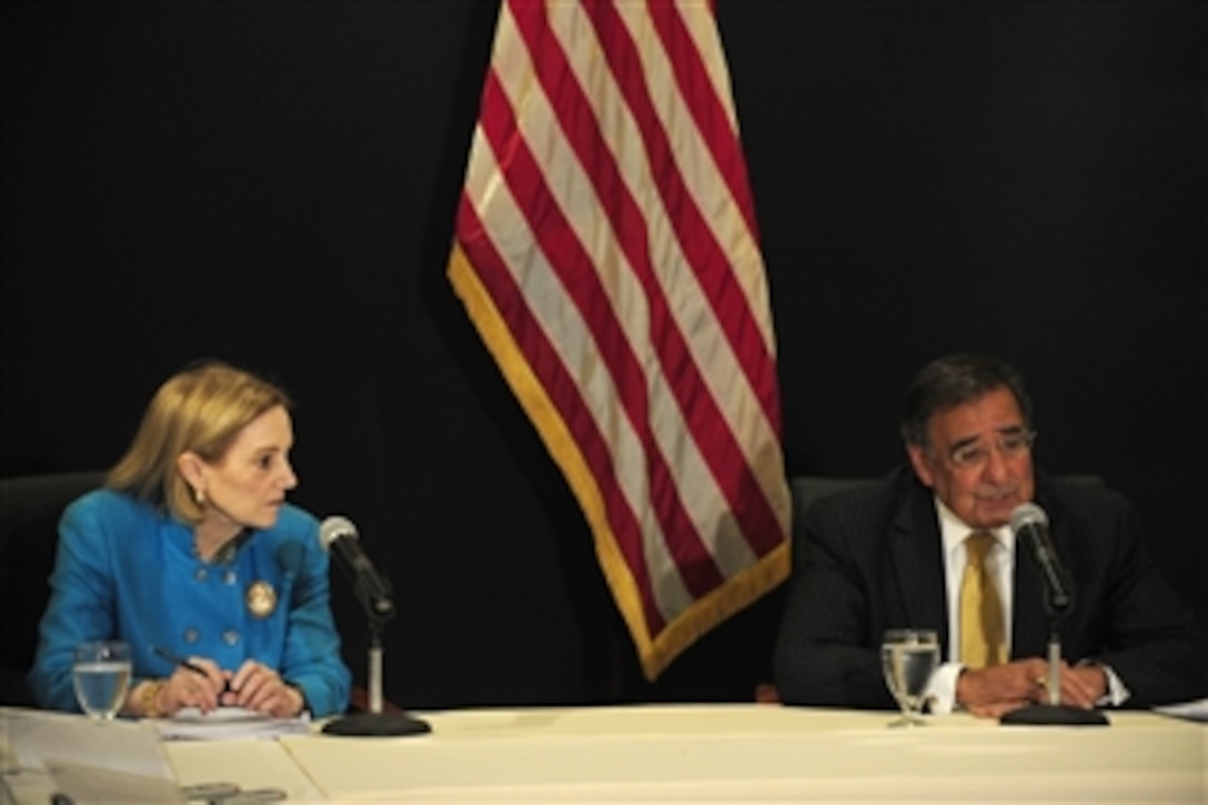 Secretary of Defense Leon Panetta answers a reporter’s question during a press conference with U.S. Ambassador to Egypt Anne Patterson in Cairo, Egypt, on Oct. 4, 2011. Panetta is traveling in the Middle East to meet with key allies in the region to discuss a variety of defense related issues.  