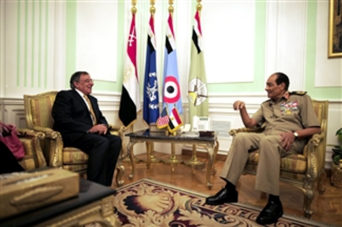 Field Marshal Hussein Tantawi meets with Secretary of Defense Leon Panetta at the Egyptian Ministry of Defense headquarters in Cairo, Egypt, on Oct. 4, 2011. Panetta is traveling in the Middle East to meet with key allies in the region to discuss a variety of defense related issues.  