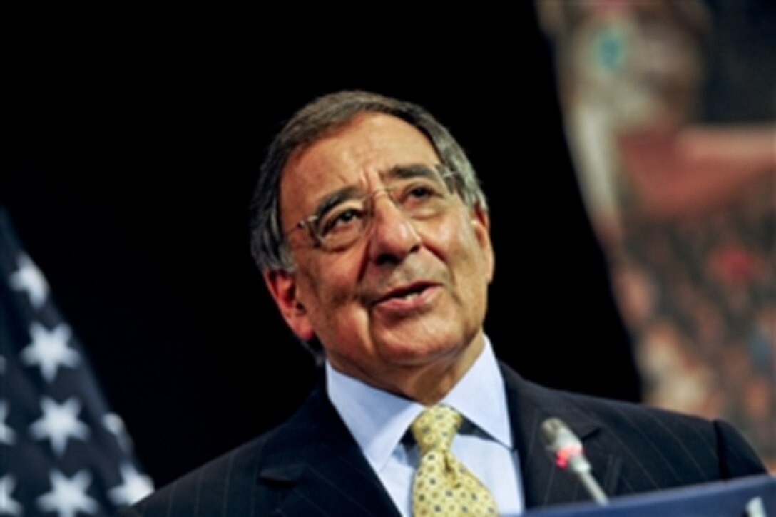 U.S. Defense Secretary Leon E. Panetta announces a new strategic initiative with Spanish President Jose Zapatero involving the basing of U.S. Navy Aegis destroyers at Rota, Spain, during a press conference at NATO headquarters in Brussels, Oct. 5, 2011.