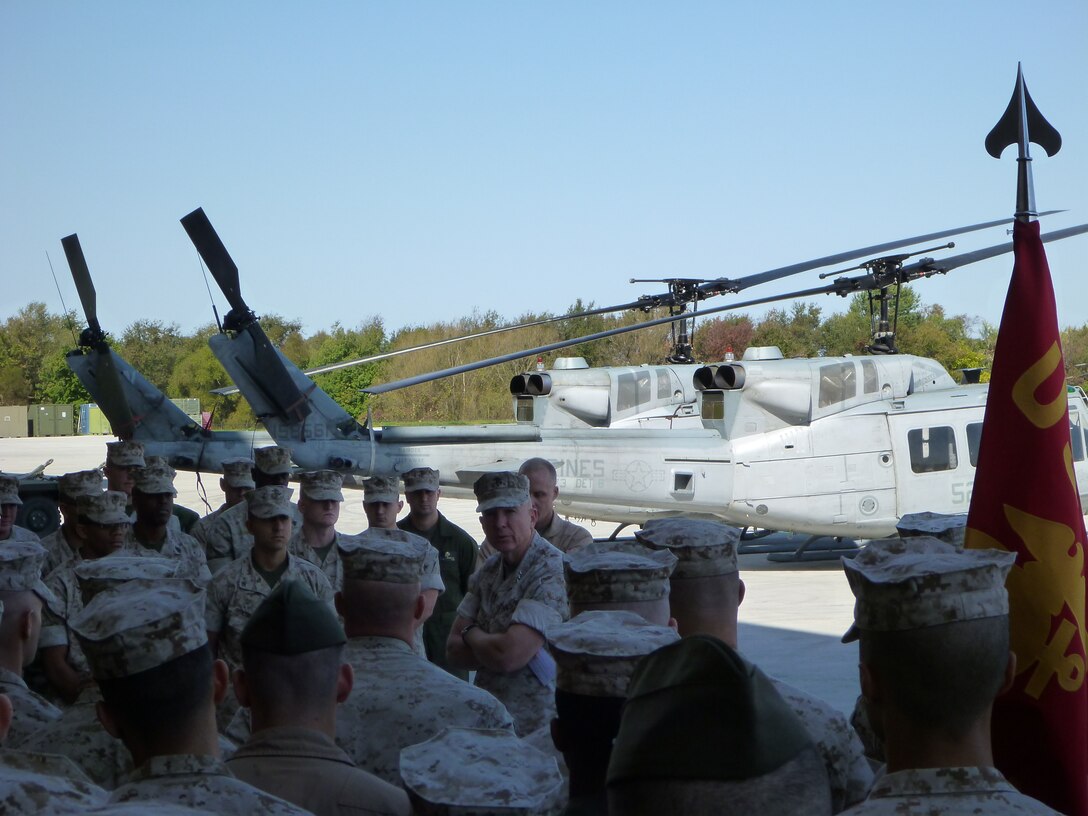 JOINT BASE MCGUIRE-DIX-LAKEHURST, N.J. -- Lt.Gen. Steven Hummer, Commander, Marine Forces Reserve addresses Marines from Marine Aircraft Group 49, Marine Light Attack Helicopter Squadron 773 and Heavy Marine Helicopter Squadron 772, during a visit to Joint Base McGuire-Dix-Lakehurst. During the visit, Hummer talked with Marines about a range of issues, from the ongoing fight in Afghanistan to changes in Marine Corps structure and pay and benefits issues for active and reserve Marines. He emphasized the importance of the Reserve in the total force, stating, “Every commander out there will tell you that they could not do what they do without the Reserve.” The Marine units at JB MDL recently relocated to the all-services base from sites in Pennsylvania.