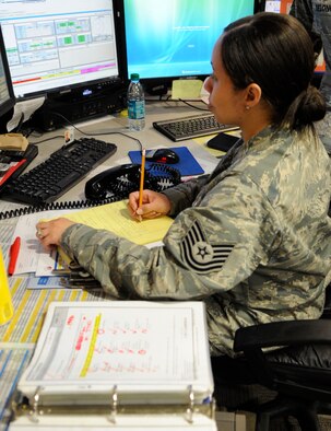 Tech. Sgt. Uridisee Johnson, Command Post emergency action controller, prepares for a Major Accident Response Exercise Oct. 5 on Barksdale Air Force Base, La. Johnson is one of many Airmen who keep the commander informed on situations occurring base wide.(U.S. Air Force photo/Airman 1st Class Andrea F. Liechti)(RELEASED)
