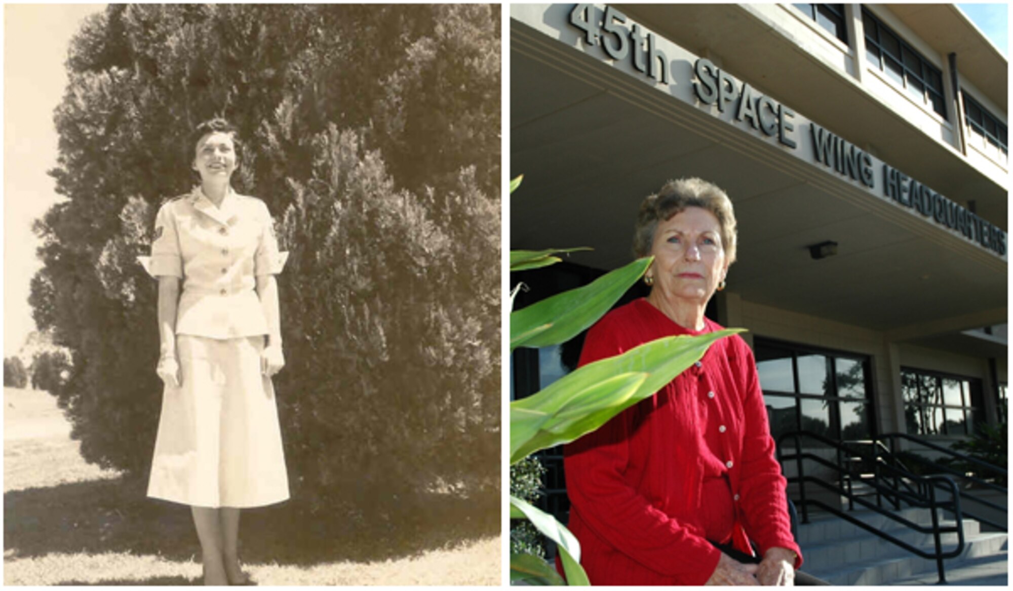 Bettye Krieter in 1953, left, when promoted to Staff Sergeant in the Women in the Air
Force, and in 2008, outside 45th Space Wing Headquarters at Patrick Air Force Base, where she was recognized for 60 years of federal service. She retired Sept. 29, 2011, with a total of 63 years of federal service. (Air Force photos)