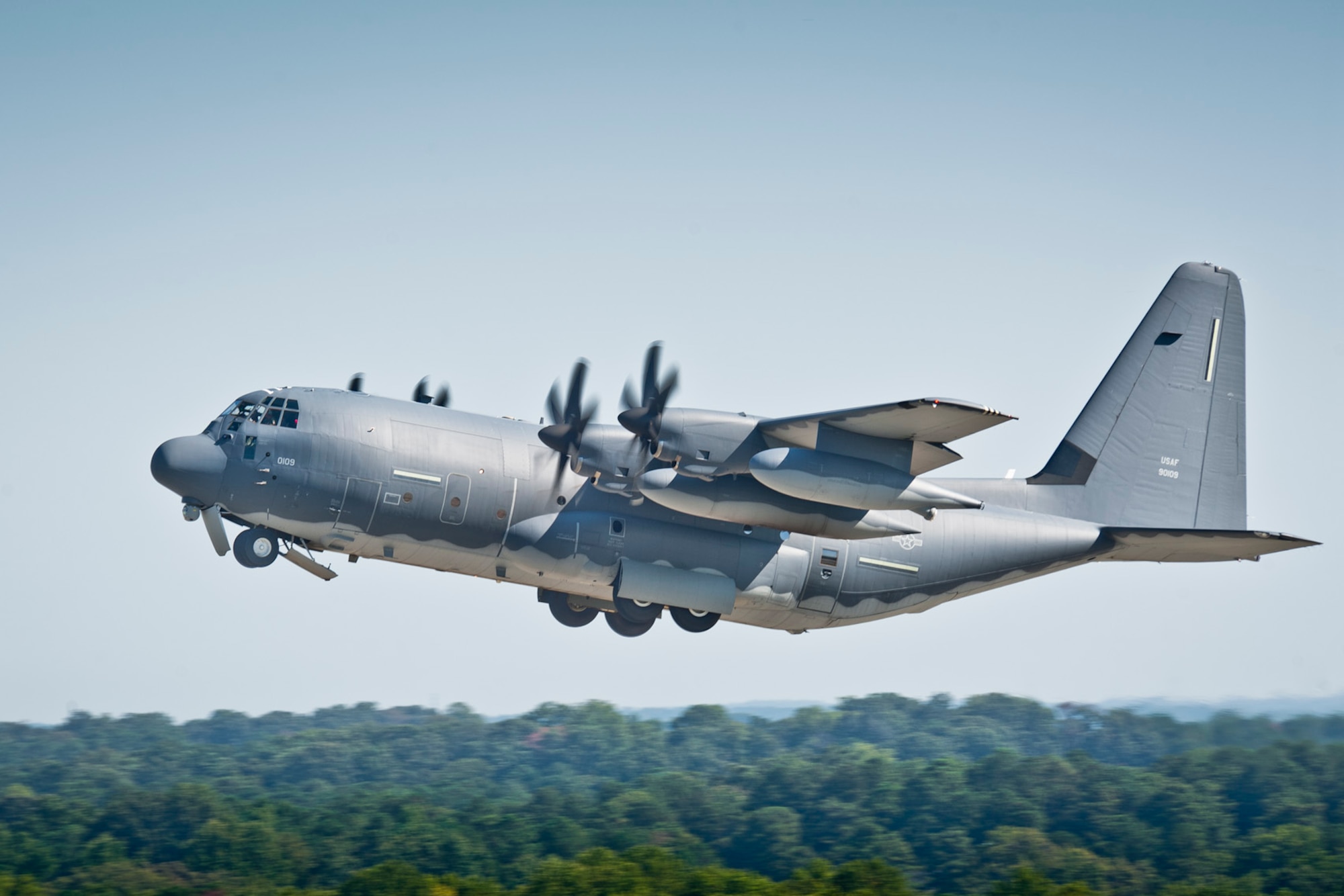 MARIETTA, Ga. -- A new HC-130J Combat King II piloted by Maj. Gen. Mark Solo, 19th Air Force commander, takes off from the Lockheed Martin facility in Marietta, Ga., Sept. 29. The new aircraft was delivered to the 58th Special Operations Wing at Kirtland Air Force Base, N.M. (Courtesy photo)
