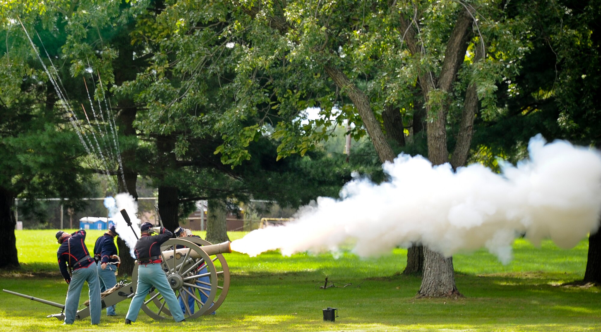 Civil War historians from the 1st New Jersey Light Artillery, Battery A, fire a cannon in honor of retiring Brig. Gen. Karlynn O’Shaughnessy, 2nd Brigade, 75th Mission Command Training Division outgoing commanding general, during the 2nd Brigade change of command ceremony Oct. 2 at Sharp Field. O’Shaughnessy relinquished command to Maj. Gen. Jimmie Wells, 75th MCT Div. commanding general. Wells charged Brig. Gen. John Turner III, with command of the 2nd Brigade. The change of command is a time-honored tradition which formally announces the continuity of the authority of command. (U.S. Air Force photo by Airman Ryan Throneberry/Released)