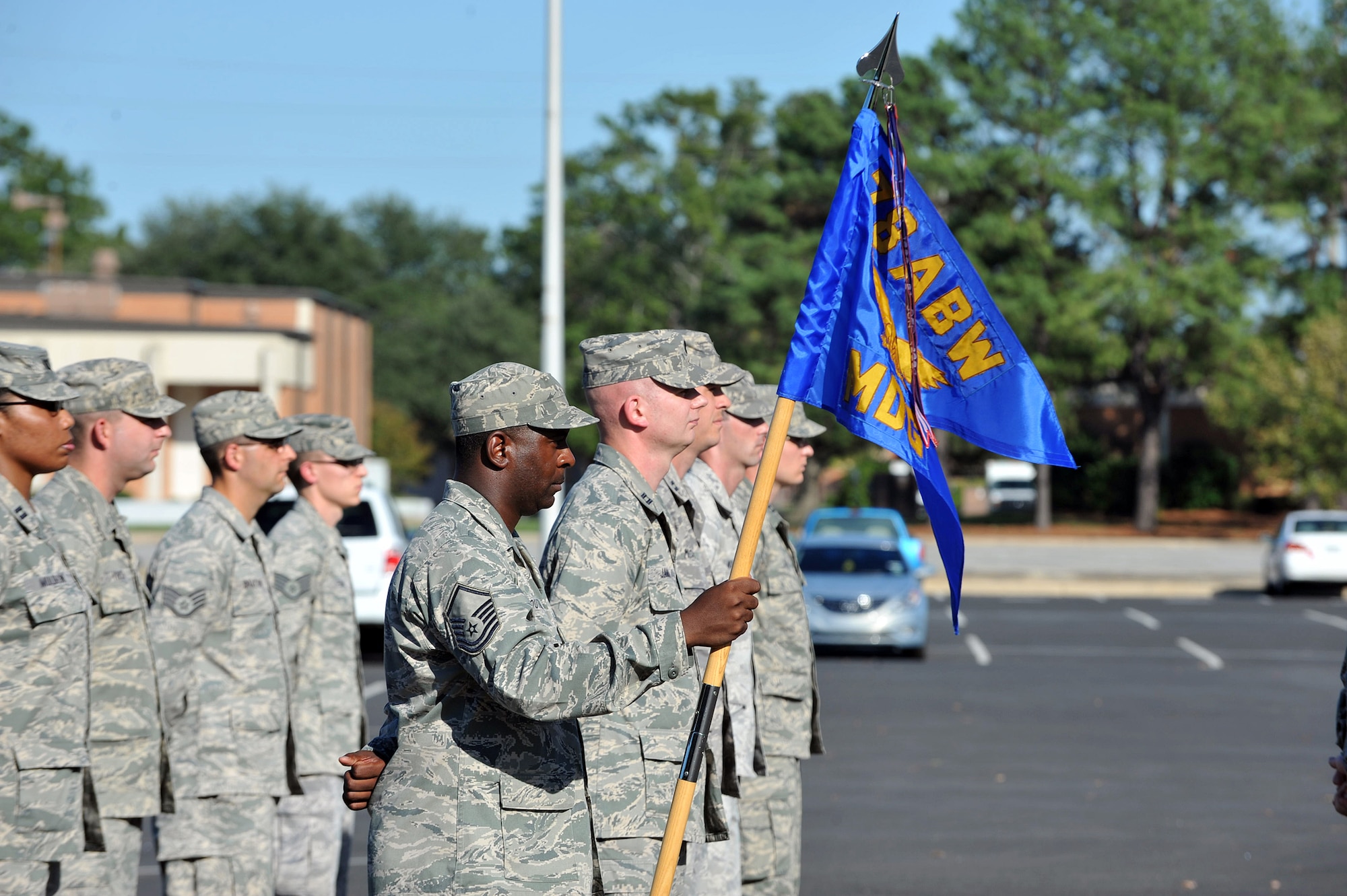 Members of the 78th Air Base Wing conduct a Retreat Ceremony Sept. 28 in front of Bldg. 905. U. S. Air Force photo by Tommie Horton