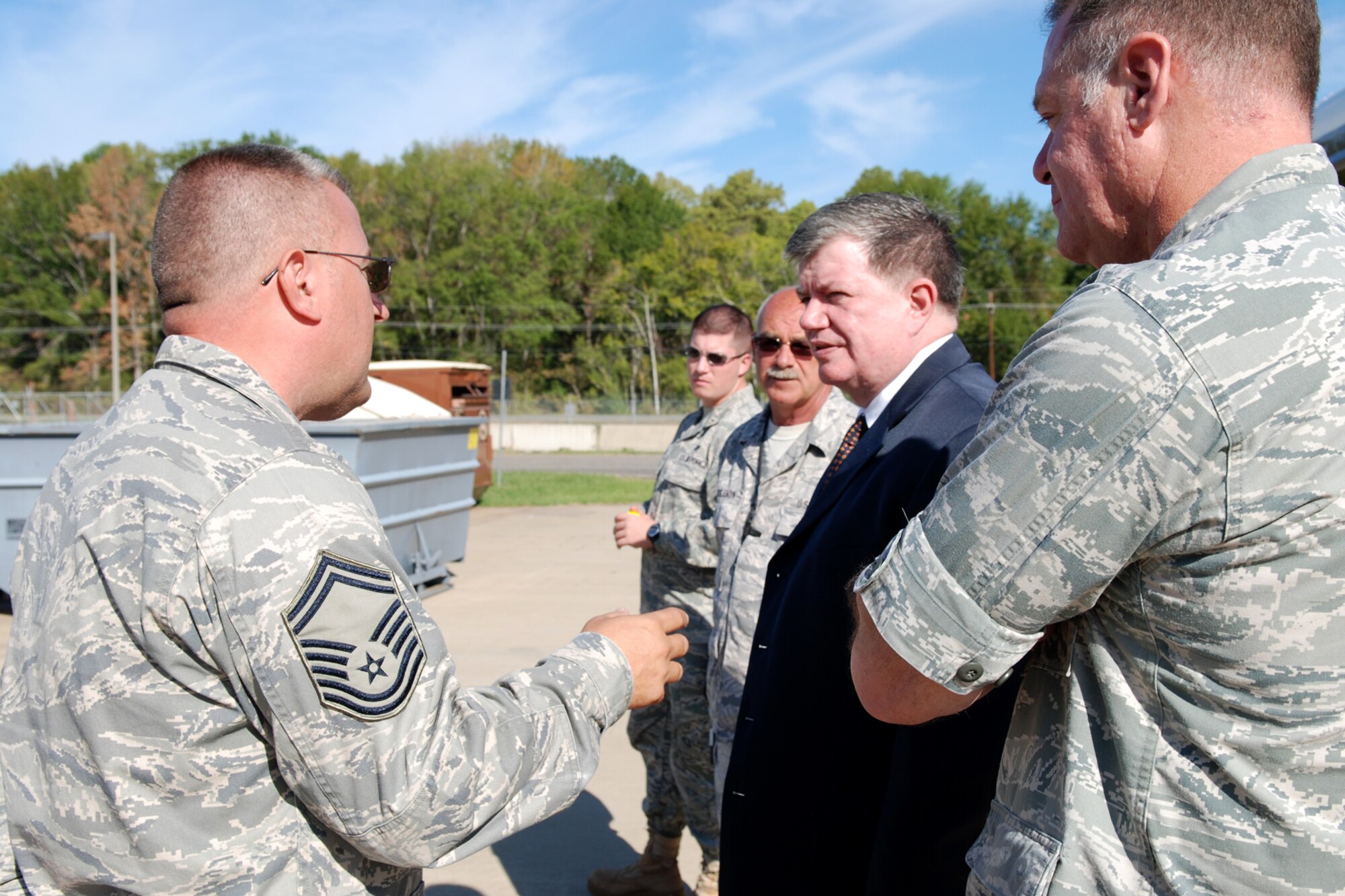 U.S. Air Force Senior Master Sgt. Joel Estes, 307th Munitions Flight production superintendent, gives Mr. William Redmond, Air Force Reserve Command Director of Staff, a tour of the weapons storage facility at Barksdale Air Force Base, La., Oct. 5, 2011. The Air Force Reserve Command's 33 wings and six groups operate at 10 Reserve bases and on 56 other bases throughout the Air Force. (U.S. Air Force photo by Senior Master Sgt. Jessica D'Aurizio/Released)