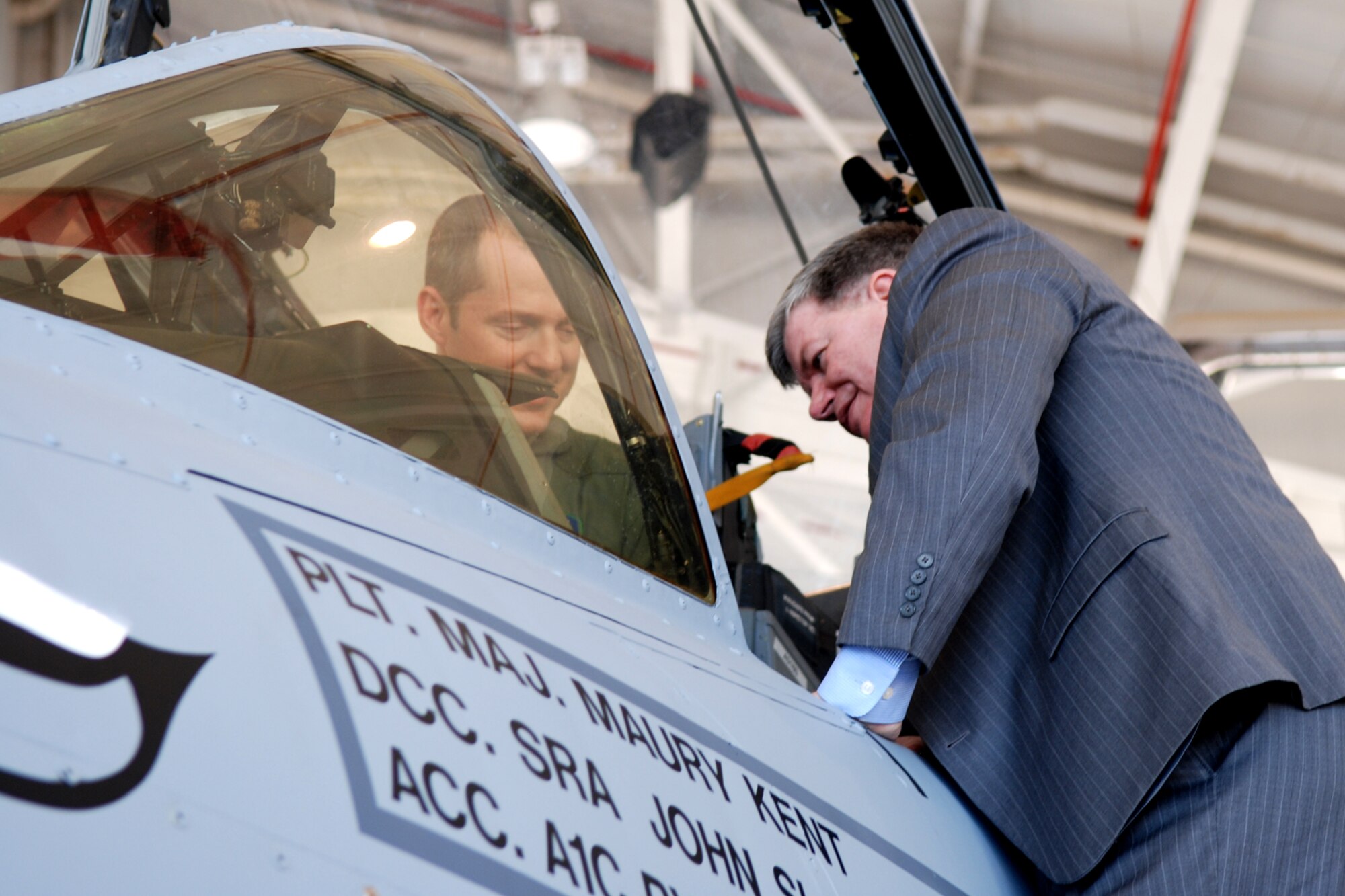 Mr. William Redmond, Air Force Reserve Command Director of Staff, gets a look at the cockpit of a 47th Fighter Squadron A-10 Thunderbolt II aircraft by U.S. Air Force Lt. Col. James Travis, 47th FS commander at Barksdale Air Force Base, La., Oct. 5, 2011. The Air Force Reserve Command's 33 wings and six groups operate at 10 Reserve bases and on 56 other bases throughout the Air Force. (U.S. Air Force photo by Senior Master Sgt. Jessica D'Aurizio/Released)