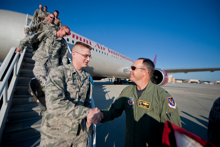 U.S. Air Force 1st Lt. Kevin Lukowiak, 74th Fighter Squadron, shakes hands with Col. Christopher Short, 23rd Wing vice commander, after returning home from deployment Oct. 6, 2011, at Moody Air Force Base, Ga. More than 300 Moody Airmen returned from a six-month deployment to Kandahar Air Field, Afghanistan, where they supported Operation Enduring Freedom. (U.S. Air Force photo by Staff Sgt. Jamal D. Sutter/Released) 