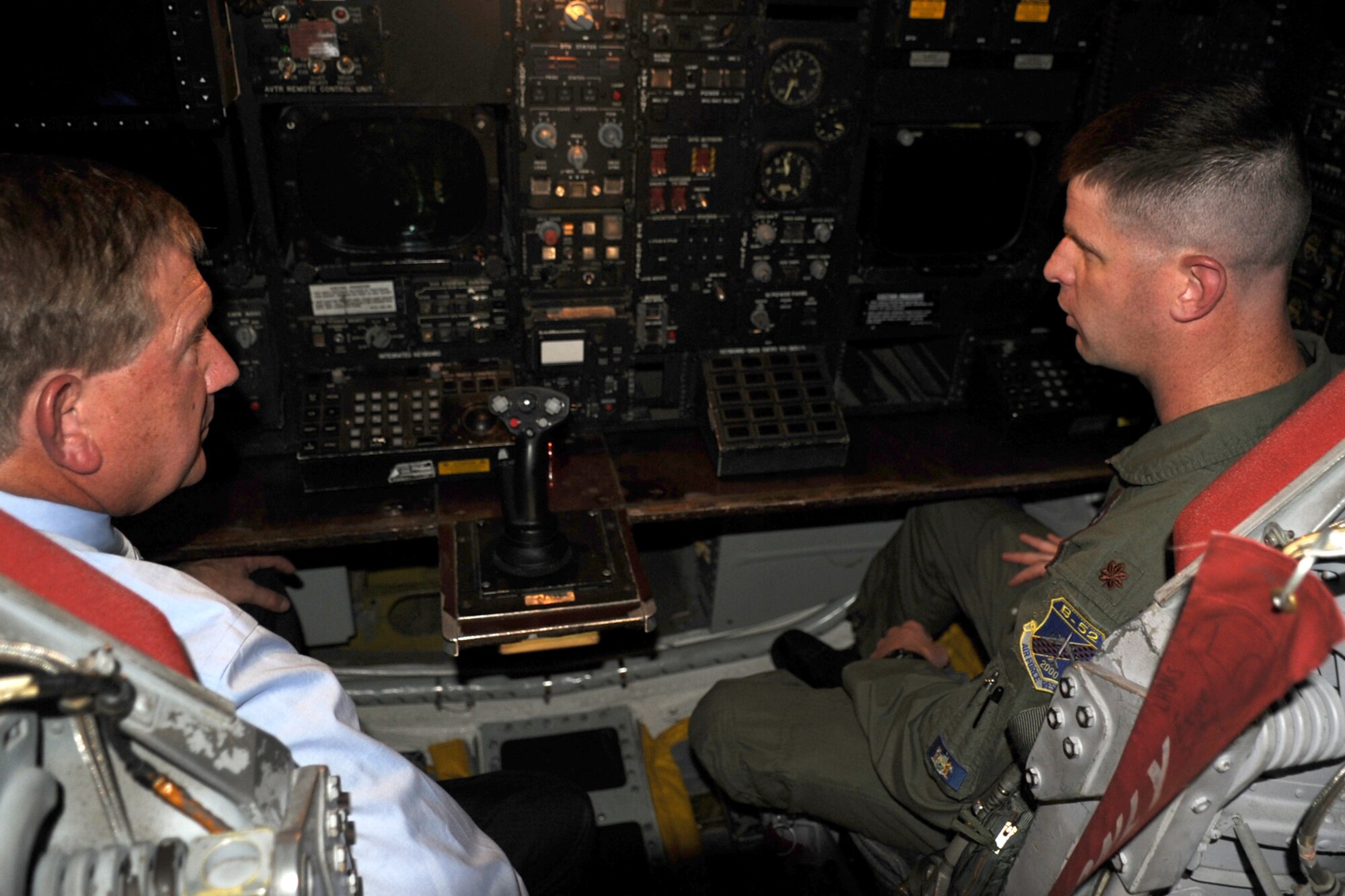 The Honorable Terry Yonkers, Assistant Secretary of the Air Force for Installations, Environment and Logistics, gets a tour of the cockpit of a 93rd Bomb Squadron B-52 Stratofortress during his visit to Barksdale Air Force Base, Oct. 4, 2011. Yonkers is responsible for providing oversight for all matters pertaining to the formulation, review, and execution of plans, policies, programs, and budgets for installations, energy, environment, safety and occupational health, as well as weapon systems logistics support. (U.S. Air Force photo by Master Sgt. Greg Steele/Released)