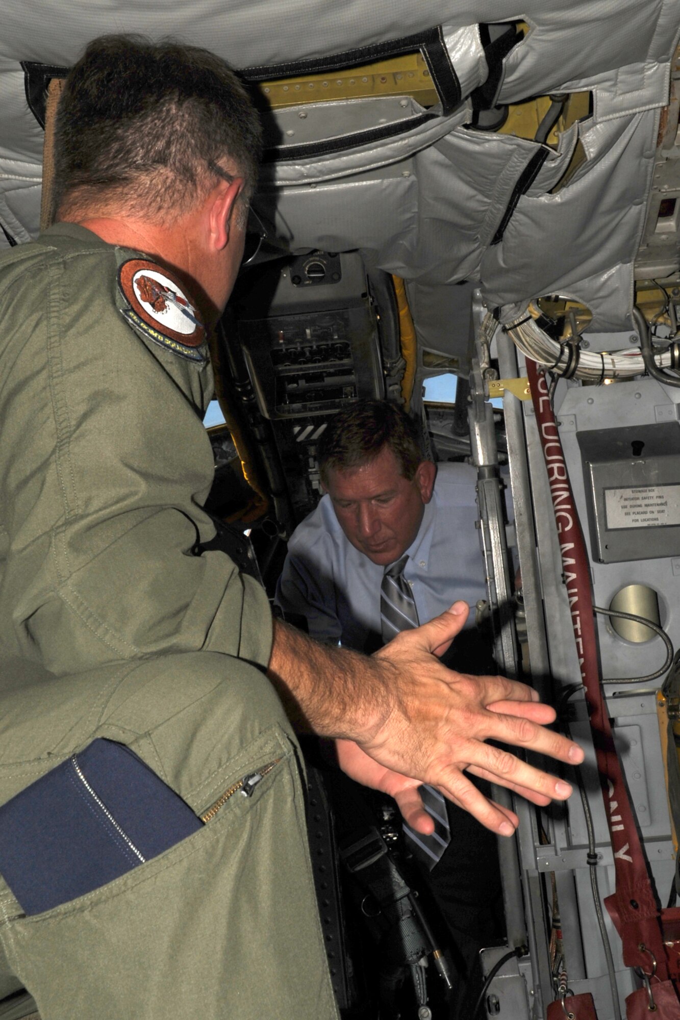 U.S. Air Force Lt. Col Dave Leedom, 93rd Bomb Squadron commander, gives The Honorable Terry Yonkers, Assistant Secretary of the Air Force for Installations, Environment and Logistics, a tour of the cockpit of a B-52 Stratofortress, Barksdale Air Force Base, Oct. 4, 2011. Yonkers is responsible for providing oversight for all matters pertaining to the formulation, review, and execution of plans, policies, programs, and budgets for installations, energy, environment, safety and occupational health, as well as weapon systems logistics support. (U.S. Air Force photo by Master Sgt. Greg Steele/Released)