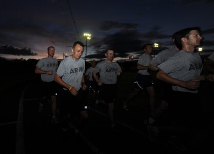 A team of ten JTF-Bravo members practice for a race Oct. 5, 2011, at Soto Cano Air Base, Honduras. The group is training for the Oct. 9, 2011 Army Ten Miler at Washington D.C. The event will include military and civilian runners from all 50 states as well as participants from Brazil, Canada, Germany, Switzerland, Australia, Denmark and the United Kingdom. (U.S. Air Force photo/Tech. Sgt. Matthew McGovern)
