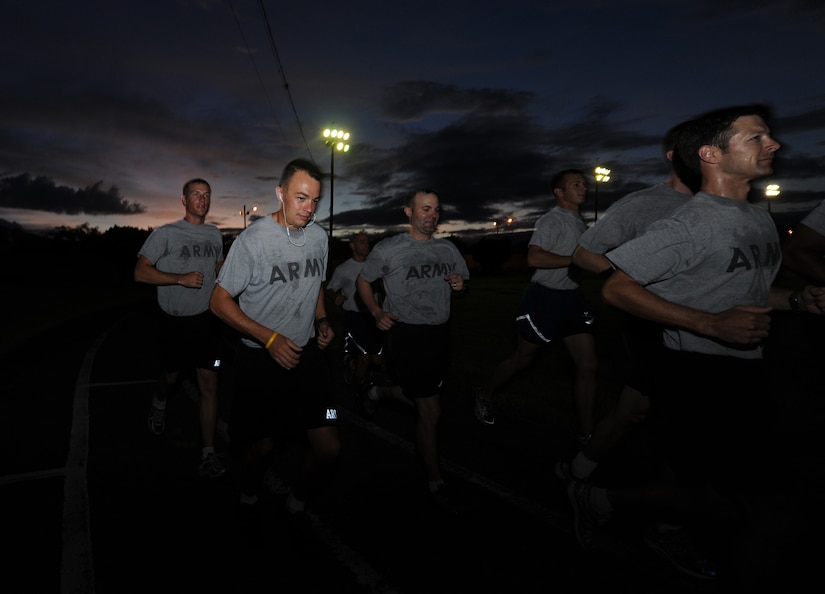 A team of ten JTF-Bravo members practice for a race Oct. 5, 2011, at Soto Cano Air Base, Honduras. The group is training for the Oct. 9, 2011 Army Ten Miler at Washington D.C. The event will include military and civilian runners from all 50 states as well as participants from Brazil, Canada, Germany, Switzerland, Australia, Denmark and the United Kingdom. (U.S. Air Force photo/Tech. Sgt. Matthew McGovern)

