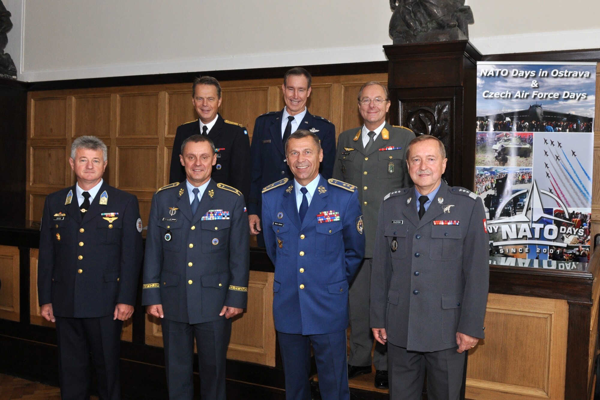 (L-R Bottom Row) Col. Albert Safar, Deputy Commander Hungarian Air Force, Brig. Gen. Jiri Verner, Deputy Commander of the Joint Forces – Air Force Commander, Czech Republic, Maj. Gen. Martin Babiak, Air Force of Slovak Republic Commander, and Lt. Gen. Lech Majewski, Polish Air Force Commander. (L-R Top Row) Maj. Gen. Anders Silwer, Swedish Air Force Commander, Maj. Gen. Craig Gourley, vice commander, Air Force Reserve Command, United States, and Air Chief Brig. Gen. Wolfgang Katter, Chief of Air Staff/ Austrian Joint Forces Command, pose for a historic photo at the V4+ Air Commanders Summit in Ostrava, Czech Republic, Sept. 23, 2011. A B-52 Stratofortress from the 93rd Bomb Squadron, 307th Bomb Wing, Barksdale Air Force Base, La., arrived in the Czech Republic to participate in the NATO Days in Ostrava air show, at the Leos Janacek Ostrava Airport Sept. 24-25, 2011. (U.S. Air Force photo by Tech. Sgt. Jeff Walston/Released)