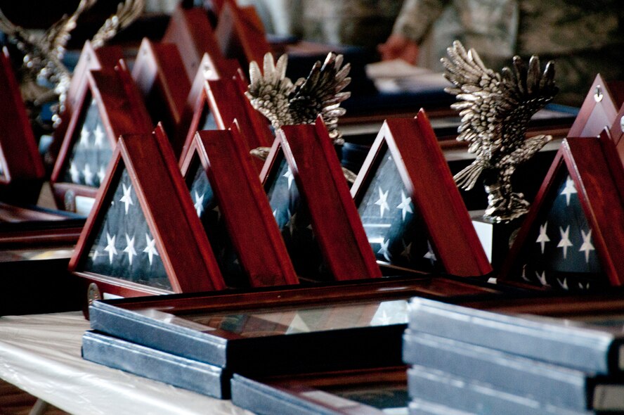 Hometown Hero awards sit on hand to be presented to 162nd Fighter Wing members who deployed in support overseas contingencies between 2008 and 2010. (U.S. Air Force photo/Master Sgt. Dave Neve)