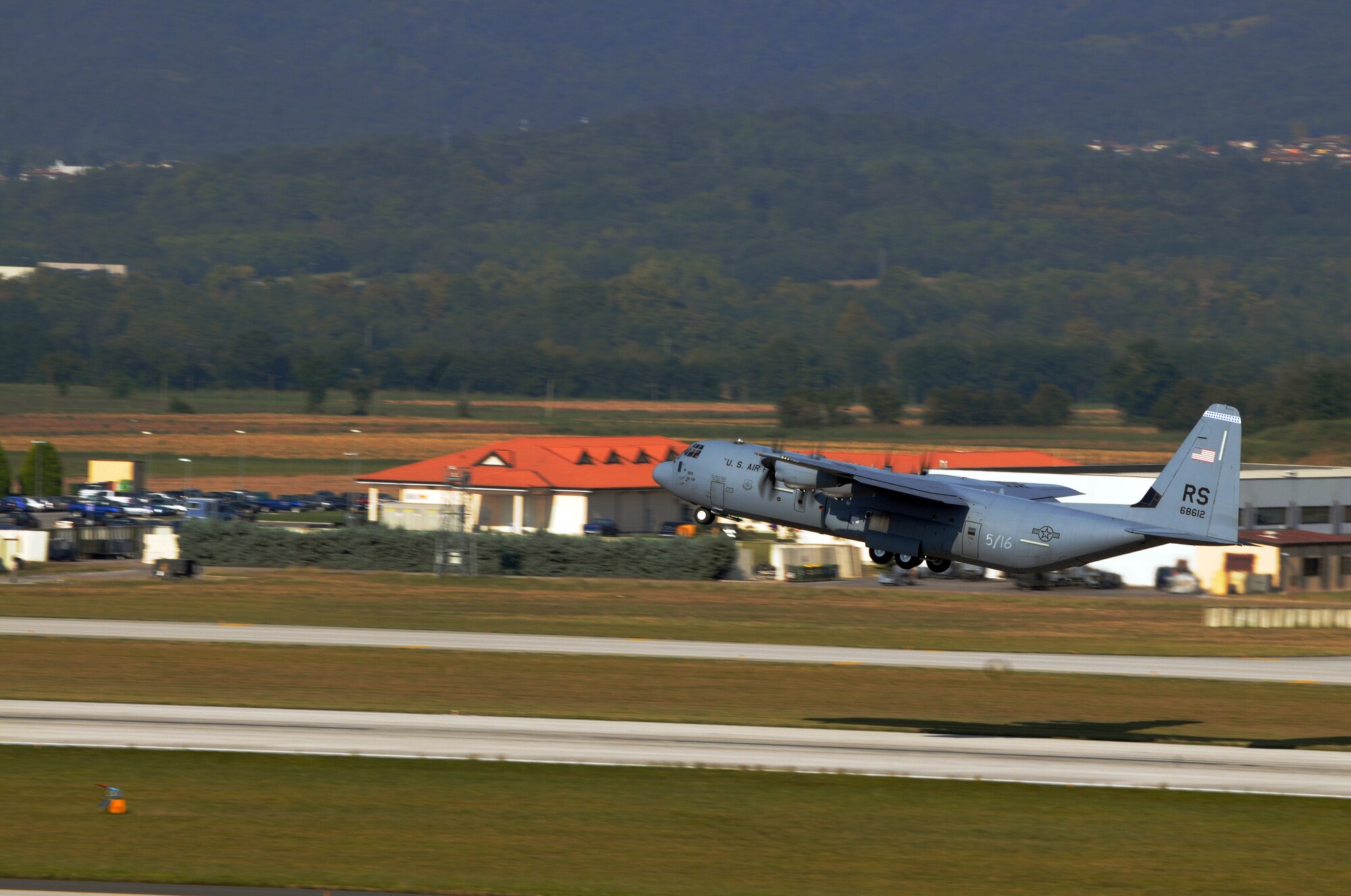 A C-130 Hercules takes off from the flight line Oct. 5 at Aviano Air Base, Italy, to be boarded by the 173rd Airborne Brigade Combat Team's first full-spectrum training in Europe. The 173rd ABCT, stationed in Vicenza, Italy, is leading the effort in the first brigade-sized operation in Europe since 2003 that includes more than 3,500 U.S. military and joint partner nation paratroopers. (U.S. Air Force photo/Airman 1st Class Jenay Randolph)