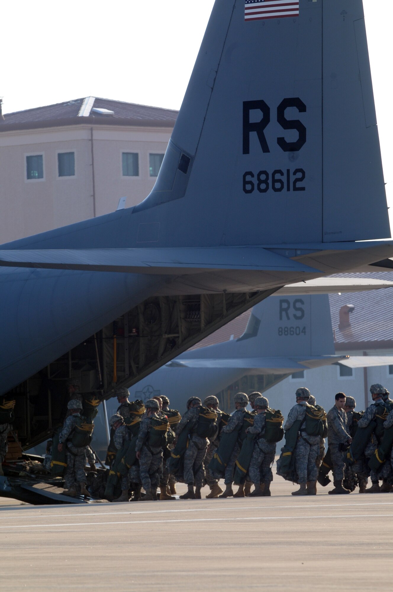 Soldiers with the 173rd Airborne Brigade Combat Team prepare to board a C-130 Hercules Oct. 5 at Aviano Air Base, Italy, as part of the 173rd ABCT's first full-spectrum training in Europe.  The 173rd ABCT, stationed in Vicenza, Italy, is leading the effort in the first brigade-sized operation in Europe since 2003 that includes more than 3,500 U.S. military and joint partner nation paratroopers. (U.S. Air Force photo/Airman 1st Class Jenay Randolph)