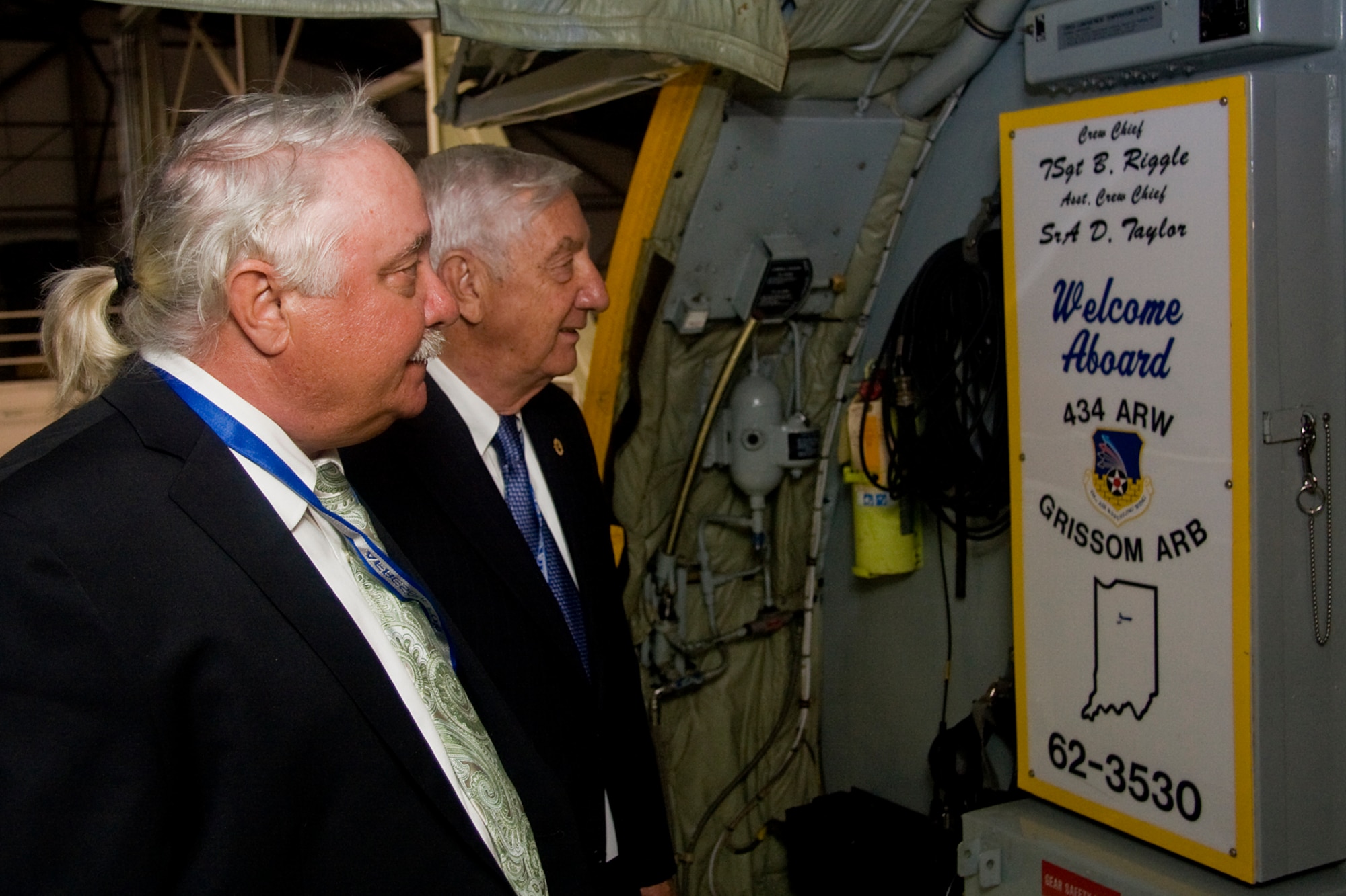 GRISSOM AIR RESERVE BASE, Ind. -- Scott Grissom, left, and Lowell Grissom admire the pristine condition of one of the 434th Air Refueling Wing's KC-135R Stratotankers during their visit to the base Sept. 30. Scott is the son of Lt. Col. Virgil I. "Gus" Grissom, and Lowell is his brother. The two came to Grissom to take part in a special rededication ceremony honoring their family member. Colonel Grissom lost his life during an Apollo 1 training mission. The base was named in his honor in 1968. (U.S. Air Force photo/Tech. Sgt. Mark R. W. Orders-Woempner)
