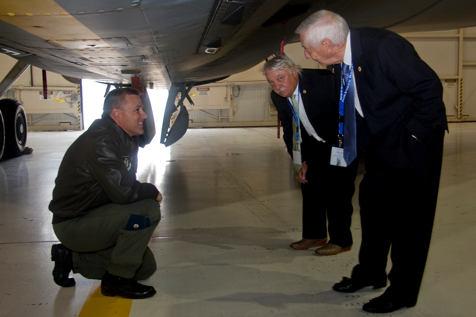 GRISSOM AIR RESERVE BASE, Ind. -- Lt. Col. Paul Wietbrock, 434th Operations Group commander, shows some of the unique features of a KC-135R Stratotanker to Scott Grissom, center, and Lowell Grissom. Scott is the son of Lt. Col. Virgil I. "Gus" Grissom, and Lowell is his brother. Colonel Grissom lost his life during an Apollo 1 training mission. The base was named in his honor in 1968. (U.S. Air Force photo/Tech. Sgt. Mark R. W. Orders-Woempner)

