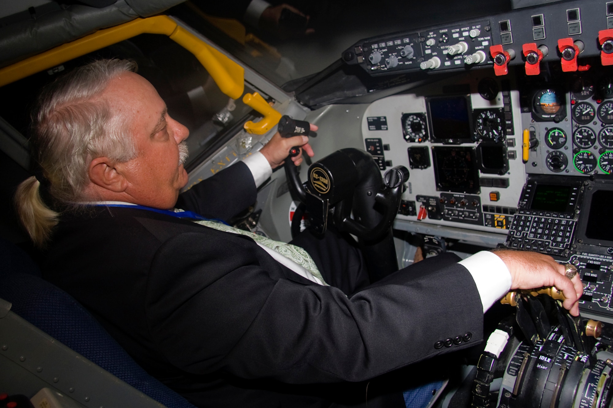 GRISSOM AIR RESERVE BASE, Ind. -- Scott Grissom, son of Lt. Col. Virgil I. "Gus" Grissom, takes off in a KC-135R Stratotanker simulator here Sept. 30. Scott, along with his uncle Lowell, visited the base to take part in a special rededication ceremony honoring Colonel Grissom. Scott flew for a number of years as a civilian airline pilot and had no trouble mastering the controls of a KC-135. (U.S. Air Force photo/Tech. Sgt. Mark R. W. Orders-Woempner)
