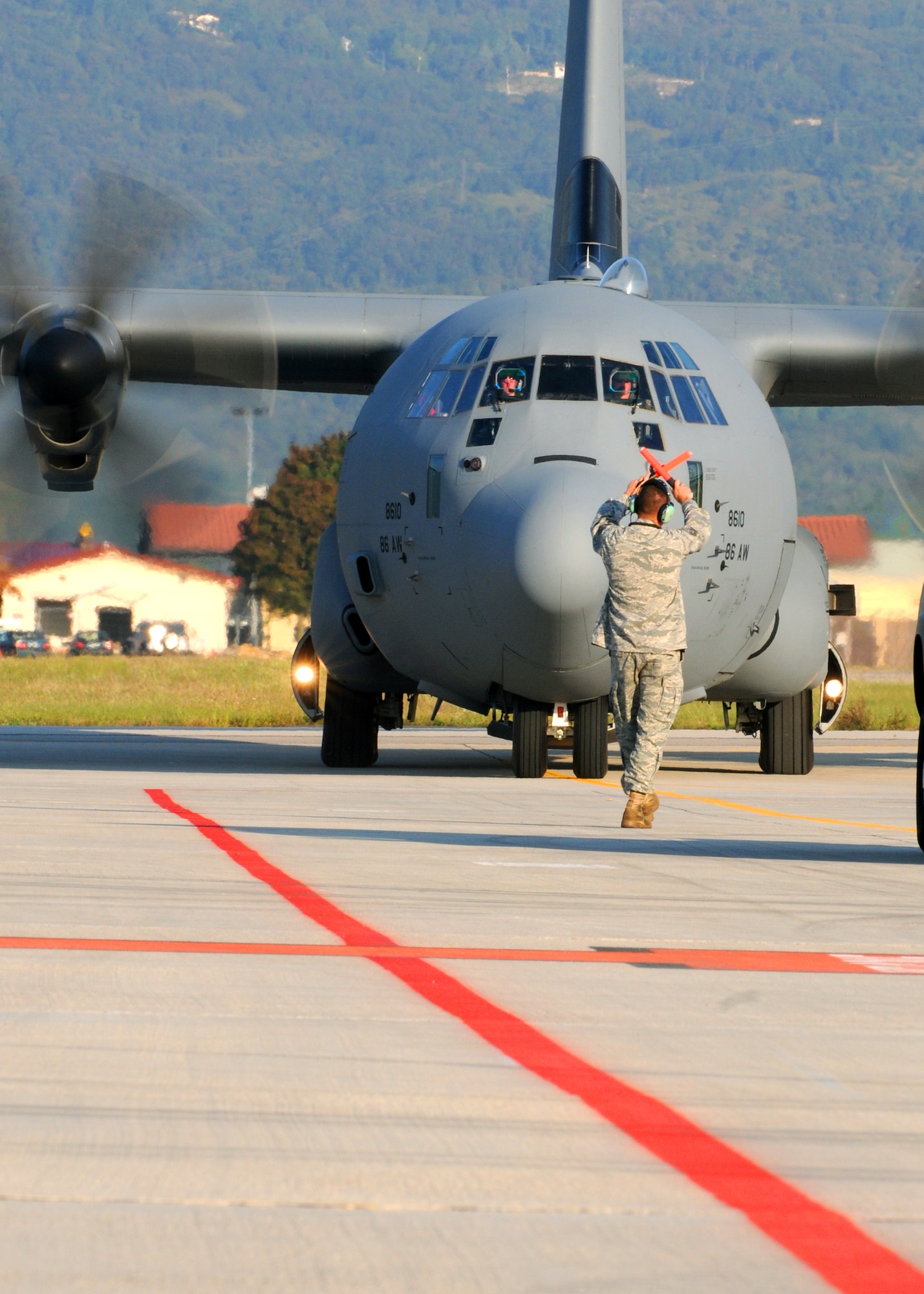 A C-130 Hercules taxis Oct. 5 at the Aviano Air Base, Italy, flightline in preparation for the 173rd Airborne Brigade Combat Team's first full-spectrum training operation in Europe. The 173rd ABCT, stationed at Vicenza, Italy, leads the efforts in the first brigade-sized operation in Europe since 2003 that includes more than 1,300 U.S. military an joint partner nation paratroopers. (U.S. Air Force photo/Staff Sgt. Nadine Barclay)