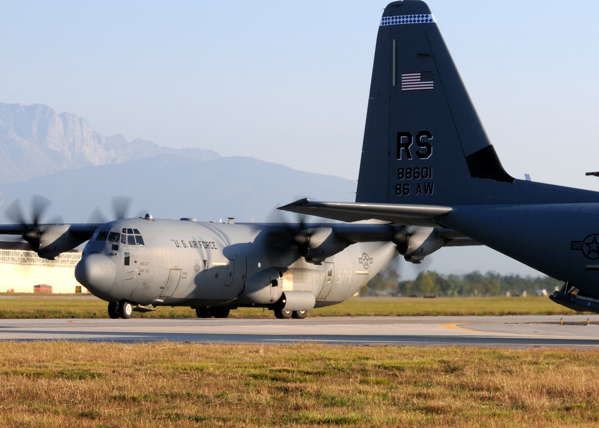 A C-130 Hercules taxis Oct. 5 at the Aviano Air Base, Italy, flightline in preparation for the 173rd Airborne Brigade Combat Team's first full-spectrum training operation in Europe. The 173rd ABCT, stationed at Vicenza, Italy, leads the efforts in the first brigade-sized operation in Europe since 2003 that includes more than 1,300 U.S. military an joint partner nation paratroopers. (U.S. Air Force photo/Staff Sgt. Nadine Barclay)