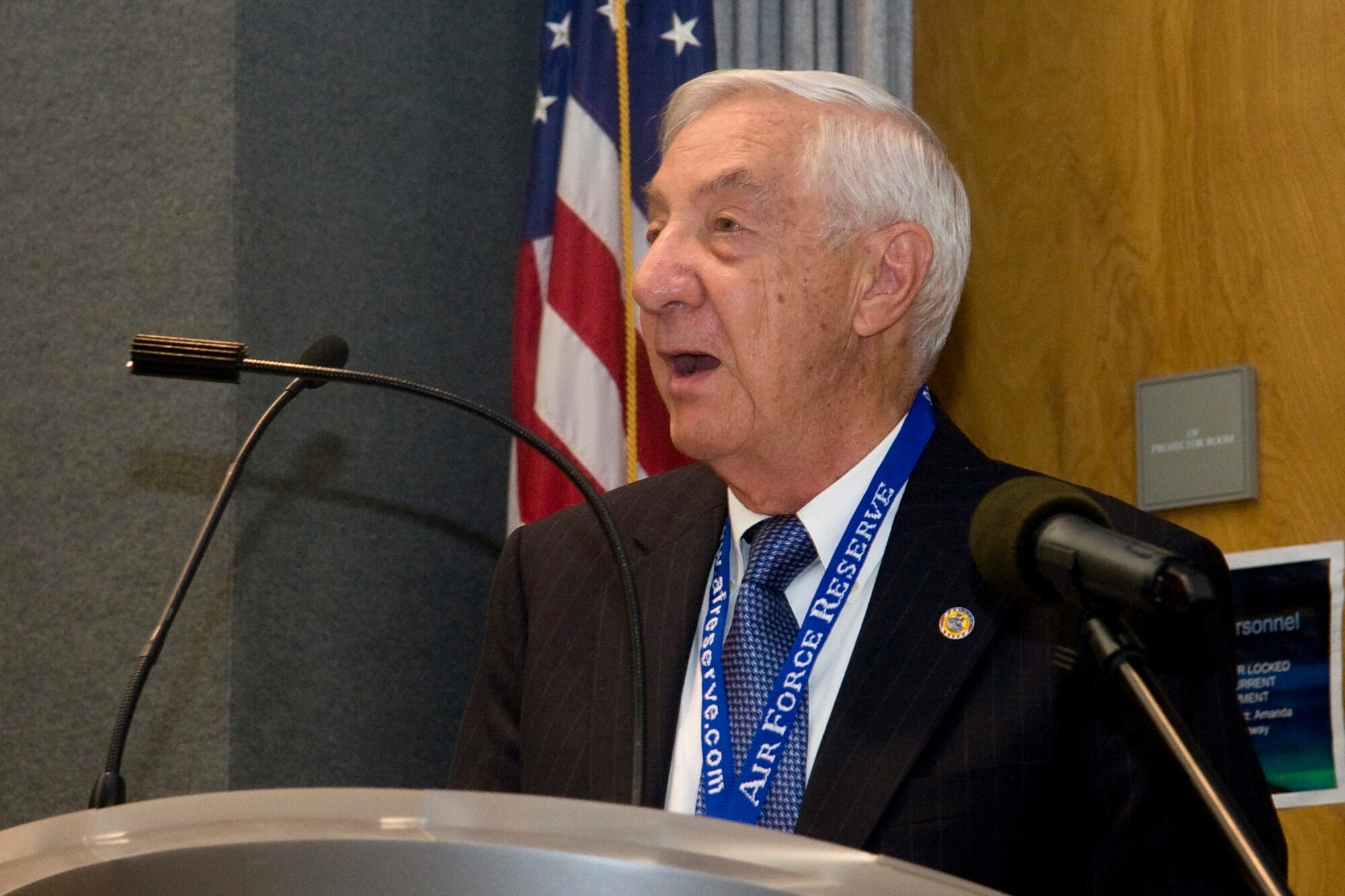 GRISSOM AIR RESERVE BASE, Ind. -- Lowell Grissom, brother of fallen astronaut Lt. Col. Virgil I. "Gus" Grissom, tells a packed audience of how his brother would have been honored to have an Air Force base named after him during a base rededication ceremony held here Sept. 30. The base was originally named after the fallen astronaut in 1968 and was rededicated in his honor. (U.S. Air Force photo/Tech. Sgt. Mark R. W. Orders-Woempner) 
