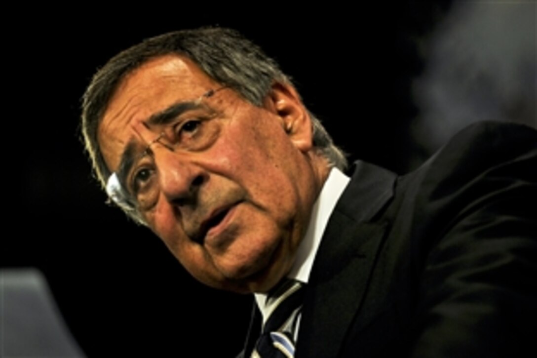 U.S. Defense Secretary Leon E. Panetta briefs reporters after meeting with NATO defense ministers and representatives from non-NATO nations that contribute to the International Security Assistance Force to discuss Afghanistan operations during a summit at NATO headquarters in Brussels, Oct. 6, 2011.