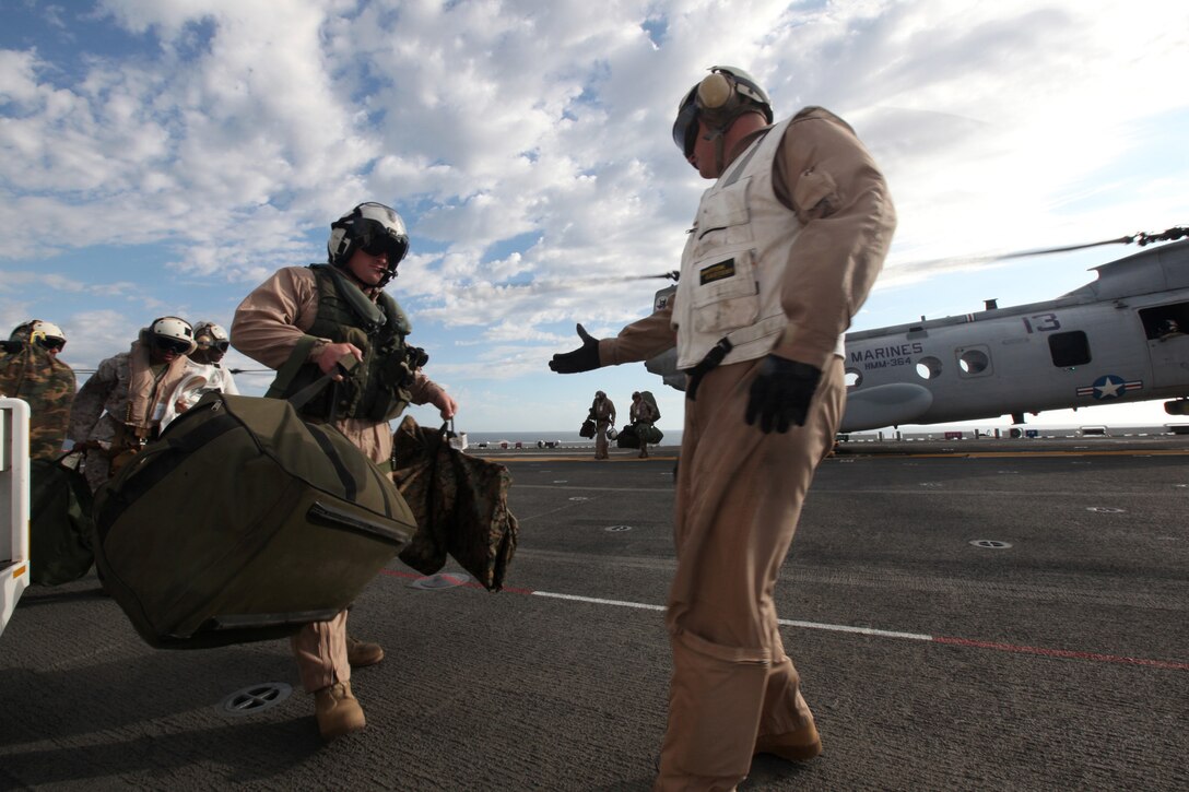 Marines from various units arrive by helicopters from 3rd Marine Aircraft Wing to prepare for San Francisco Fleet Week, aboard the USS Bonhomme Richard, Oct. 3. Fleet Week is a celebration and tribute to sailors, Marines and Coast Guardsmen held in October in the Bay Area.