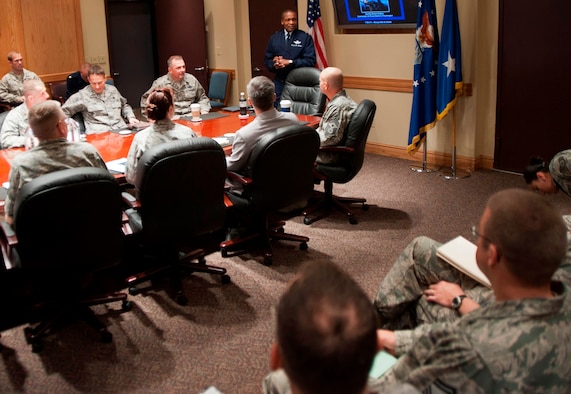 MCCONNELL AIR FORCE BASE, Kan. -- Maj. Gen. Darren McDew, Air Force District of Washington commander, speaks to base commanders and future leaders at McConnell’s wing conference room, Oct. 7, 2011.  Prior to attending McConnell’s Air Force Ball Oct. 7 as the keynote speaker, McDew held forums with company grade officers, base commanders and chiefs, ALS students and future leaders to discuss his vision on leadership and communication.  (U.S. Air Force photo by Airman 1st Class Armando Schwier Morales)