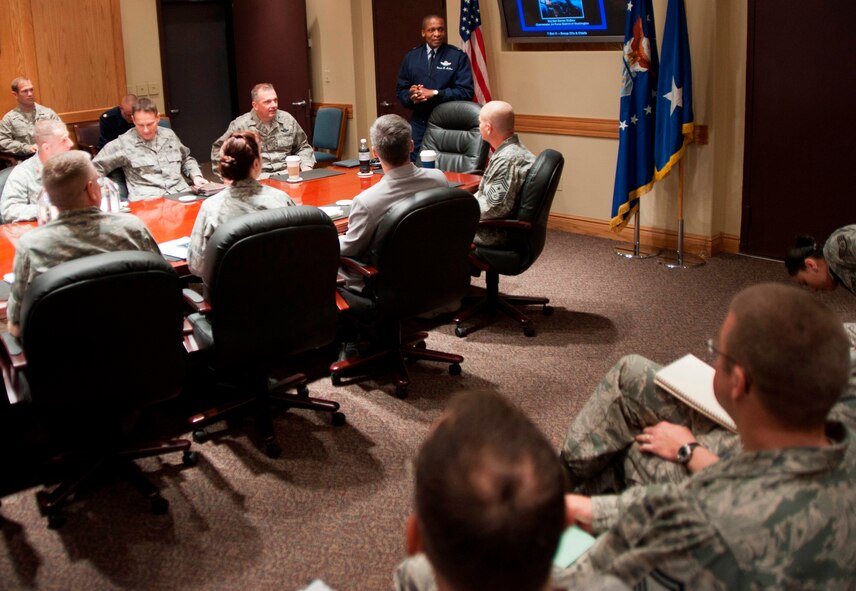 MCCONNELL AIR FORCE BASE, Kan. -- Maj. Gen. Darren McDew, Air Force District of Washington commander, speaks to base commanders and future leaders at McConnell’s wing conference room, Oct. 7, 2011.  Prior to attending McConnell’s Air Force Ball Oct. 7 as the keynote speaker, McDew held forums with company grade officers, base commanders and chiefs, ALS students and future leaders to discuss his vision on leadership and communication.  (U.S. Air Force photo by Airman 1st Class Armando Schwier Morales)