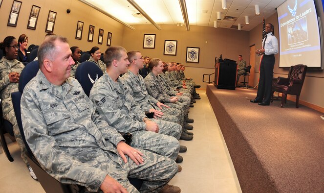 MCCONNELL AIR FORCE BASE, Kan. -- Maj. Gen. Darren McDew, Air Force District of Washington commander, speaks to students and guests at McConnell’s Airman Leadership School, Oct. 6, 2011.  Prior to attending McConnell’s Air Force Ball Oct. 7 as the keynote speaker, McDew held forums with company grade officers, base commanders and chiefs, ALS students and future leaders to discuss his vision on leadership and communication.  (U.S. Air Force photo by Senior Airman Maria Ruiz)
